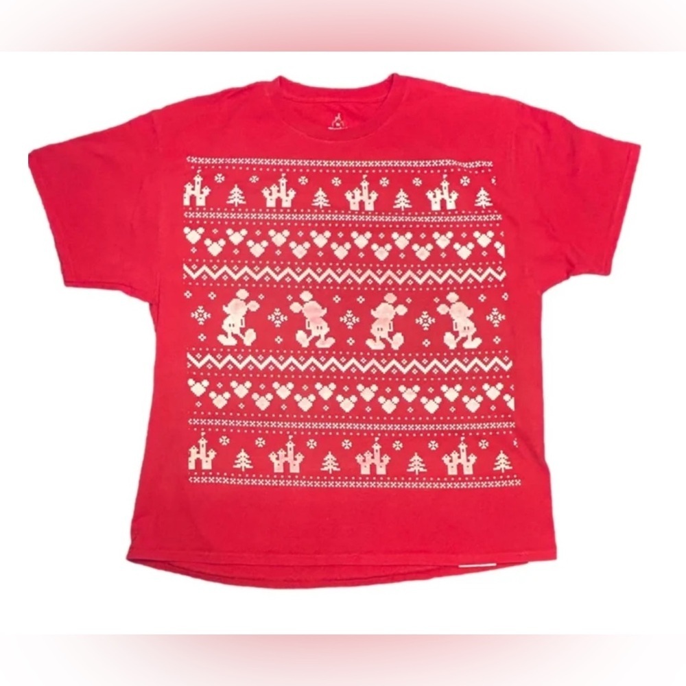 VTG Disney Resort Mickey Mouse fair isle short sleeve festive Christmas tee XL